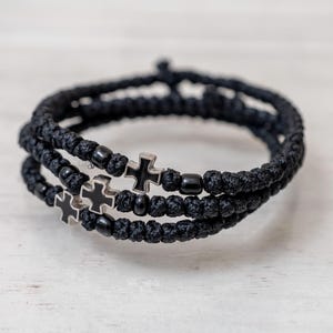 Komboskini Black with metal Cross (1 Pcs ),Handmade monastic Rope with Black Beads Original Greek Sacred Komboskini.