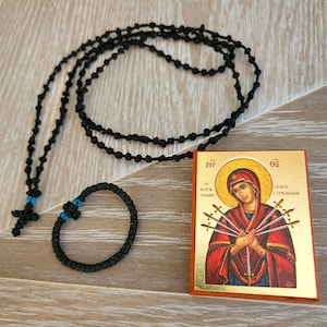 Cadeauset voor christelijke artikelen, inclusief icoon met de Maagd Maria, Authentiek wassen gebedstouw 150 dunne notenknopen - Komposkini, Gebedskaart