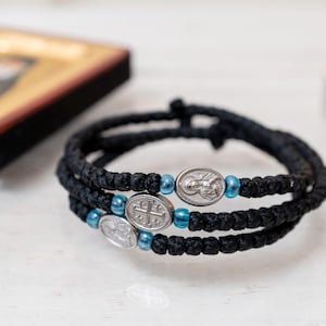 Komboskini- Black with metal icon of  Virgin Mary and CROSS  (1 Pcs ),Handmade monastic Rope with Beads Original Greek Sacred Komboskini.
