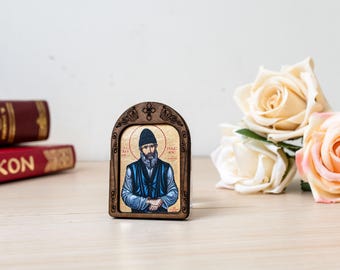Icono de San Paisios, Santuario de madera tallada en lienzo de seda hecho a mano, Placa de arte de viaje