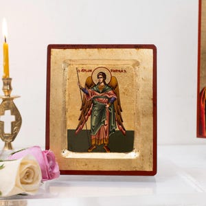 Icona cristiana con San Raffaele - Icona in legno invecchiata fatta a mano con sfondo dorato con dettagli sorprendenti circa 10 x 13,5 cm
