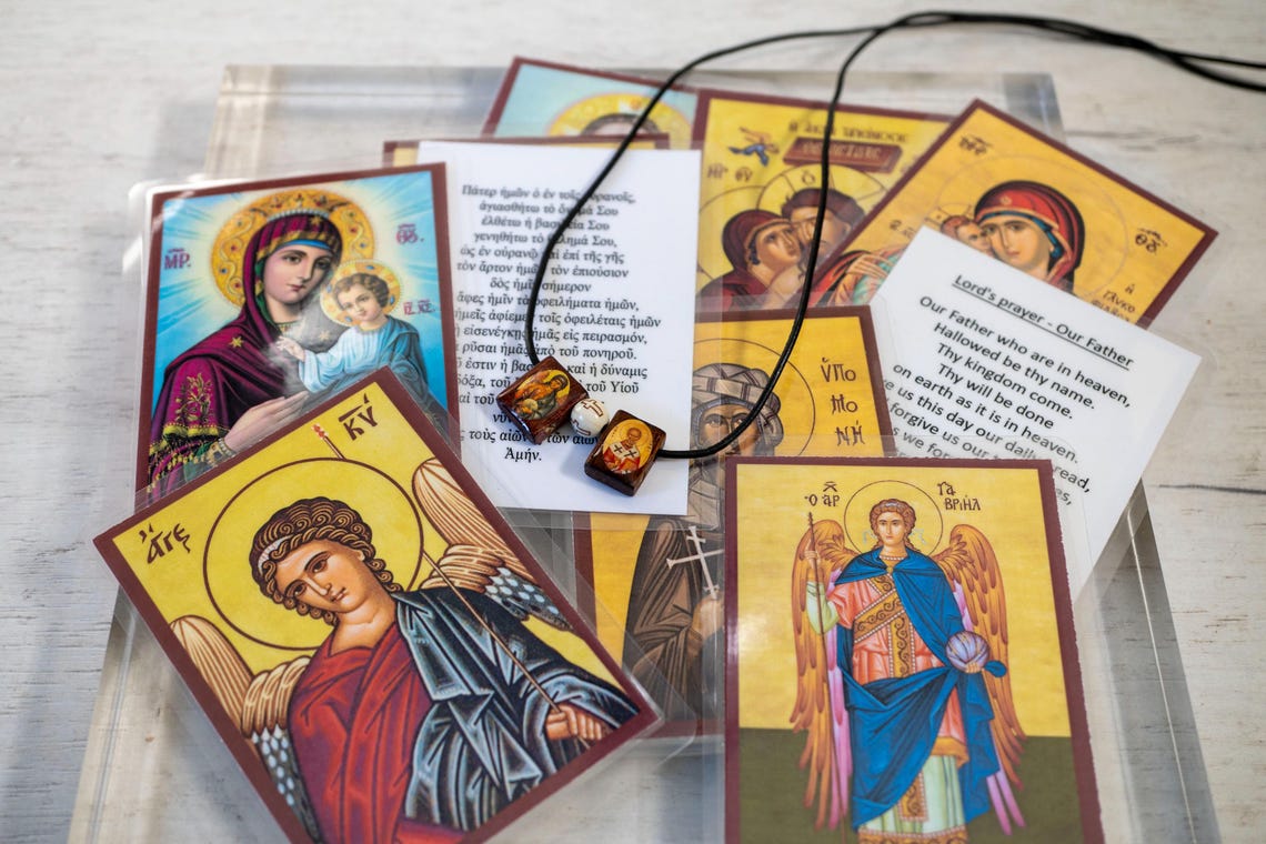 Religious Icon Card Set of 10 Pocket-sized Laminated Prayer Icon Cards, Tied With Leather ...