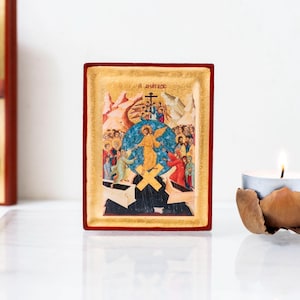 Resurrection Jesus Christ icon Premium  Silkscreen Icon in Golden Leaf on natural Wood, Byzantine Art, Stunning Details, Approx. 7 x 9 cm.