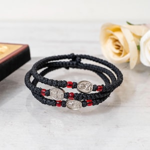 Komboskini -Βlack with metal icon of  Virgin Mary and CROSS  (1 Pcs ),Handmade MonasticRope with Red Beads Original Greek Komboskini