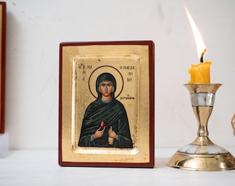 Icono de Santa María Magdalena hecho a mano: sobre pan de oro, arte cristiano en madera