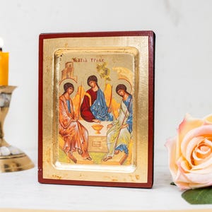 Holy Trinity -  the hospitality of Abraham Handmade Wooden Aged Icon  Gold leaf