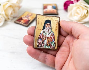 San Nectario - Icono de viaje de madera con hoja de oro - Santuario de bolsillo de madera tallado a mano