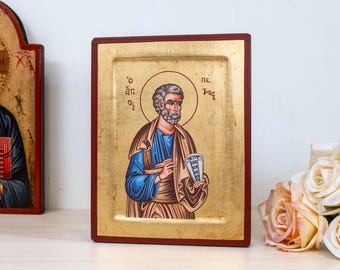 Icono de San Pedro Apóstol hecho a mano en madera, ortodoxo, religioso cristiano.