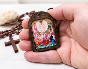 A Transfiguração "Metamorfose" de Jesus Cristo em um ícone cristão de madeira de bolso feito à mão em tela de seda com detalhes intrincados, ícone de viagem
