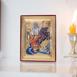 Prophet Elijah The Ascension Christian Premium Handmade Icon with Golden Leaf on natural wood Byzantine Art,Stunning Details
