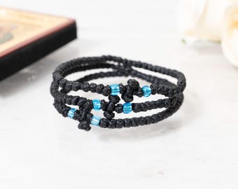 Komboskini Schwarz (1 Stk), handgemachter) kyrillischer Rosenkranz mit Crystal Blue Beads Original griechischer Heiliger Komboskini für spirituelle Praxis