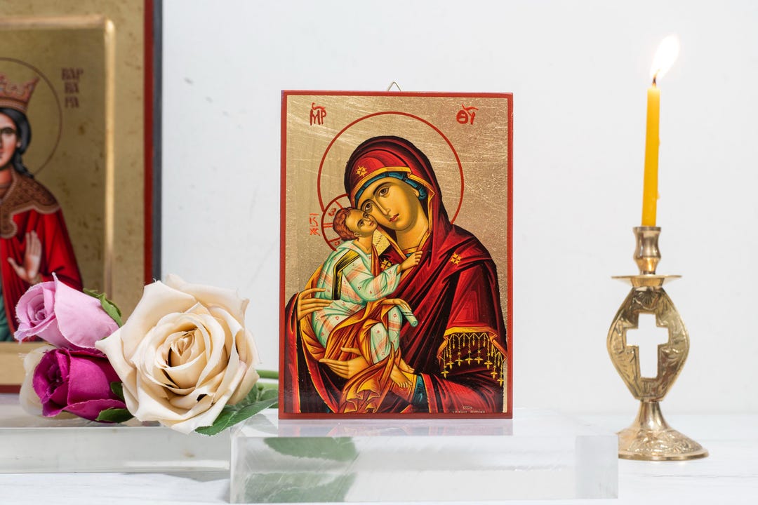 Christian Icon With Virgin Mary Sweet Kisses Handmade Wooden Aged Icon ...