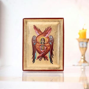 Sześcioskrzydły Serafin Ręcznie wykonana drewniana ikona bizantyjska, złoty liść na jedwabnym płótnie