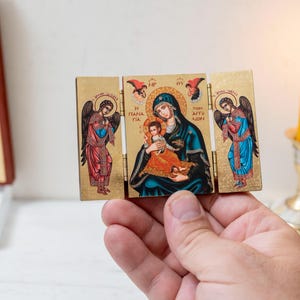 Handmade Virgin Mary & Archangels Triptych Icon:in Gold Leaf Byzantine Art