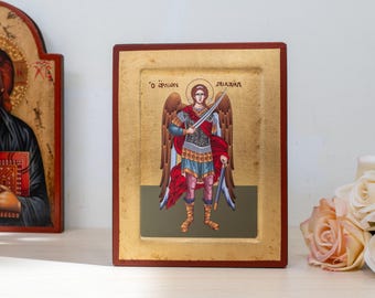 Archangel Michael Icon Handmade Wooden Greek Byzantine Orthodox Christian Gift