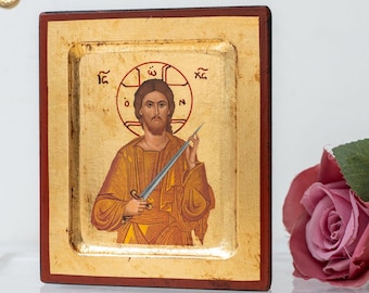 Icono de madera de Jesucristo cortando el pecado con una espada / Detalle de pan de oro hecho a mano