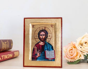 Serigrafía de Jesucristo Pantocrátor en pan de oro. Icono ortodoxo de madera hecho a mano.
