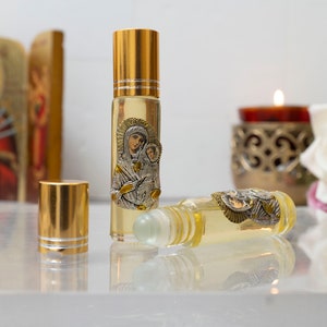 Orthodox anointing oil  Myrrh in Roll on(1Pcs) – with metal icon of Virgin mary from Tinos the Holy island, Gift of faith, hope.