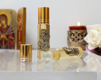 Orthodox anointing oil  Myrrh in Roll on(1Pcs) – with metal icon of Virgin mary from Tinos the Holy island, Gift of faith, hope.