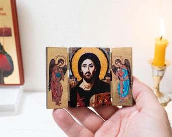 Jezus Chrystus Pantokrator z Synaju – tryptyk, ręcznie robiona ikona: bizantyjska na złotym jedwabnym płótnie