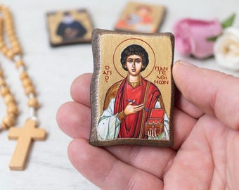 San Panteleimón - Icono de hoja de oro - Santuario de bolsillo - Patrono médico