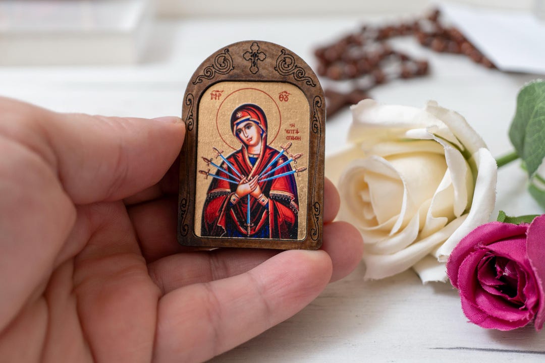 Compact Wooden Icon With Virgin Mary of Sorrows-seven Swords ...