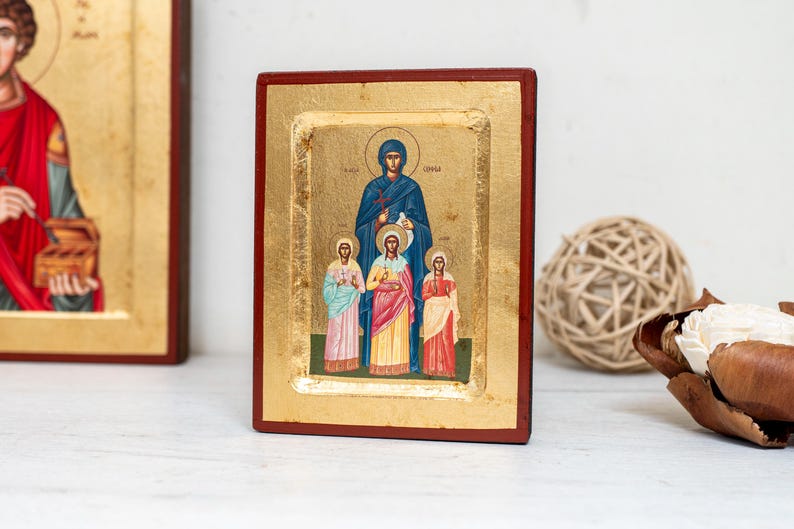Saint Sophia and her three daughters:Faith, Hope, and Love Christian Icon Handmade Wooden Aged Icon with Gold Background With amazing detail
