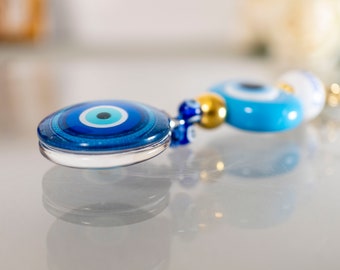 Dubbelzijdig boze oog sleutelhanger blauw Grieks Mati-glas, sleutelhanger sleutelhanger of tasbedel met Griekenland erop.