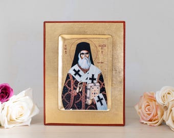 Icono de San Nektarios hecho a mano en madera, regalo cristiano ortodoxo griego bizantino