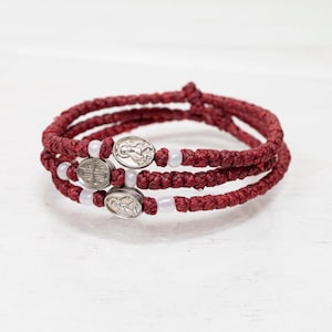 Monastic Rope - Βurgundy with metal icon of  Virgin Mary and cross (1 Pcs ),Handmade with White Beads Original Greek Komboskini