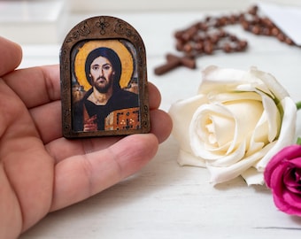 Compact Wooden Icon of Jesus Christ Of Sinai Handcrafted on Silk Canvas – Intricate Detail, Small Enough to Carry Everywhere traveler icon.