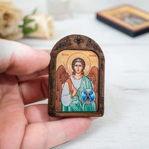 Saint Raphael ,Archangel Raphael Icon: small Handcrafted Wooden in Silk Canvas.