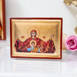 Virgin Mary icon Panagia Platytera Christian Premium Handmade Icon with Golden Leaf on natural wood Byzantine Art, Stunning Details.