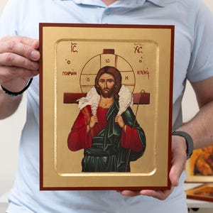 Gesù Cristo, il Buon Pastore, icona ortodossa fatta a mano su foglia d&#39;oro in legno, arte religiosa cristiana da parete, dettagli sorprendenti.