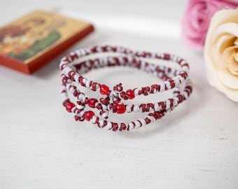 Komboskini morado y blanco con cuentas rojas, pulsera de cuerda monástica griega hecha a mano – Diseño ortodoxo auténtico (1 unidad)