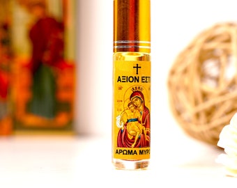 Orthodoxe zalfolie Mirre in Roll on – van Tinos het heilige eiland, geschenk van geloof, hoop.