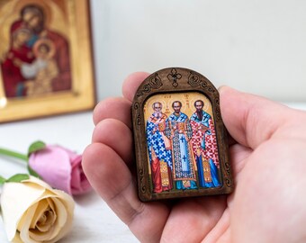 Mini Wooden Christian Icon of The Three Hierarchs (3 Ιεραρχες) Handcrafted on Silk Canvas,Intricate Detail,Small Enough to Carry Everywhere