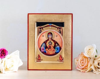 Raro icono de la Virgen María del Matrimonio, hecho a mano en madera, regalo de boda ortodoxo griego.