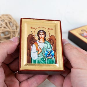San Raffaele Arcangelo, icona cristiana di alta qualità realizzata a mano con foglia d&#39;oro su legno naturale, arte bizantina, dettagli sorprendenti.