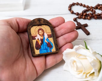 Compact Wooden Icon with Jesus Christ the Good Shepherd Handcrafted on Silk Canvas –Intricate Detail,Small to Carry Everywhere traveler icon