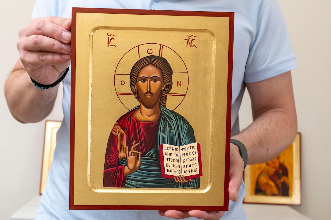Jesus Christ Gesture of Blessing Handmade Orthodox Icon on Gold Leaf in ...