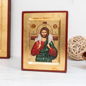 Gesù Cristo, il Buon Pastore, icona cristiana - Icona in legno anticato fatta a mano con sfondo dorato. Con dettagli sorprendenti. Dimensioni approssimative: 10 x 13,5 cm.