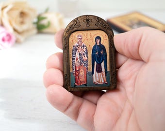 Saint Cyprian and Saint Justina Compact Wooden Christian Icon  Handcrafted on Silk Canvas– Intricate Detail,Small Enough to Carry Everywhere