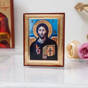 Christ Pantocrator of Sinai Christian Premium Handmade Icon with Golden Leaf on natural wood Byzantine Art,Stunning Details, Approx.7 x 9 cm