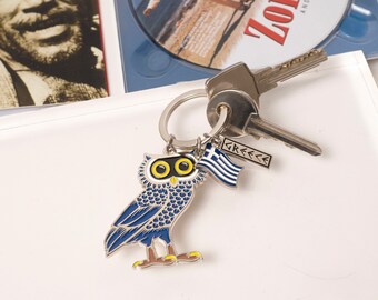 Handcrafted Keychains with a Big owl made by Metal and Enamel an Authentic Hellenic Designs,Greek Treasures