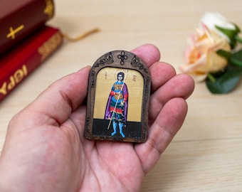 Icono de madera de San Procopio, tamaño viajero, hecho a mano con lienzo de seda dorada.