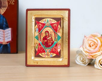 Virgen María, zarza incandescente, cristiana, hecha a mano en madera sobre pan de oro, icono envejecido
