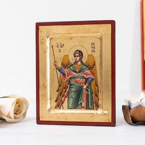 Icona di San Raffaele fatta a mano: legno invecchiato con foglia d&#39;oro
