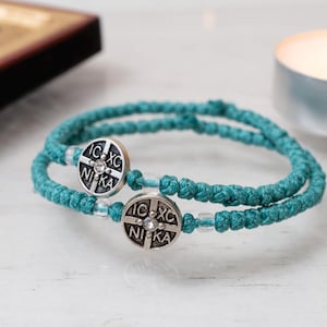 Komboskini - Teal,Azure  with metal icon of ICXC NIKA  (1 Pcs ),Handmade Orthodox Rope with Beads Original Greek Sacred Komboskini.