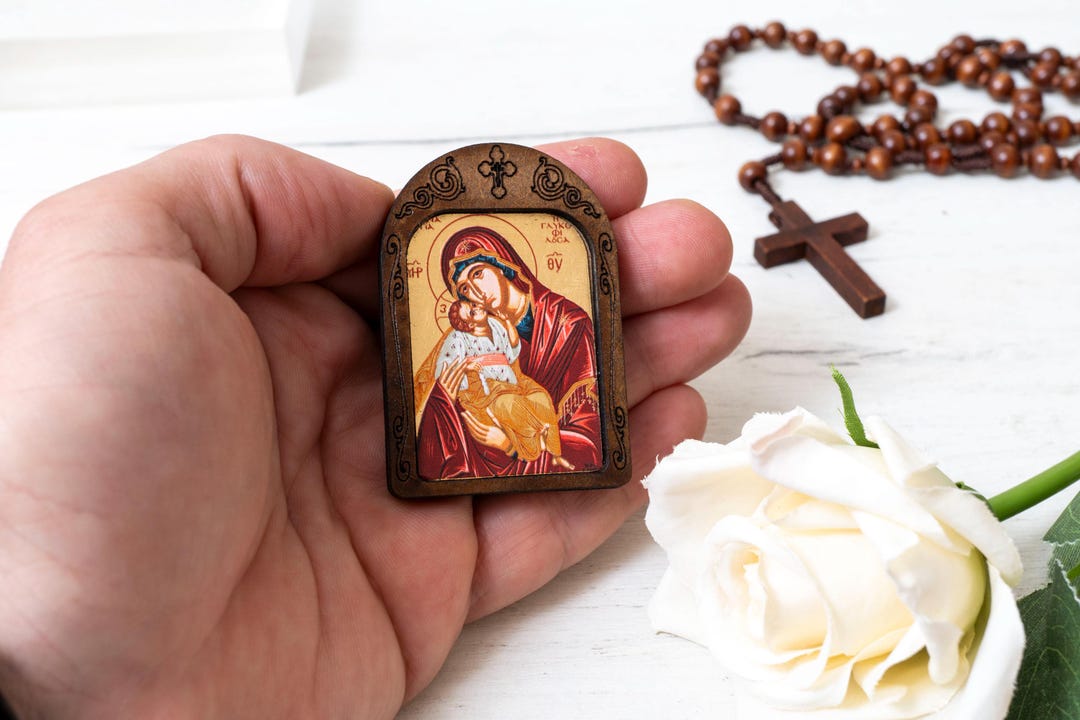 Compact Wooden Icon With Virgin Mary Sweet Kissing Handcrafted on Silk ...